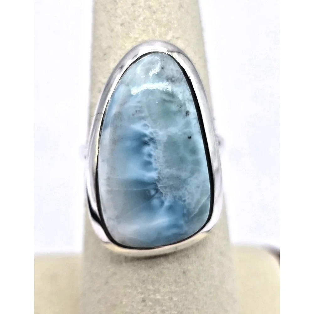 Blue Larimar Gemstone Ring Size 7 Sterling Silver‎ 925 Tide-Shaped Handmade NWOT